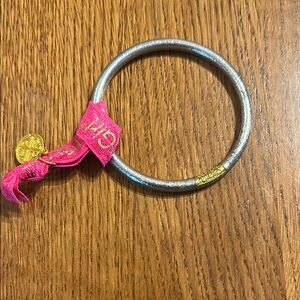 Large Silver budhagirl Bangle with Pink Ribbon Accent
